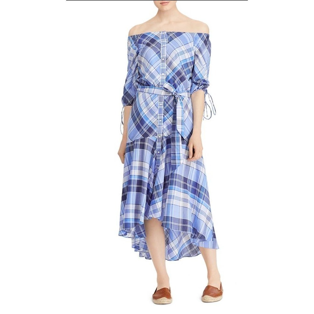 Lauren Ralph Lauren Plaid Off-the-Shoulder Midi Dress size 6